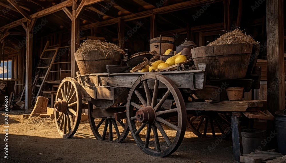 Fototapeta premium Fruit-filled Wagon Beside Building, A Delicious Harvest Scene