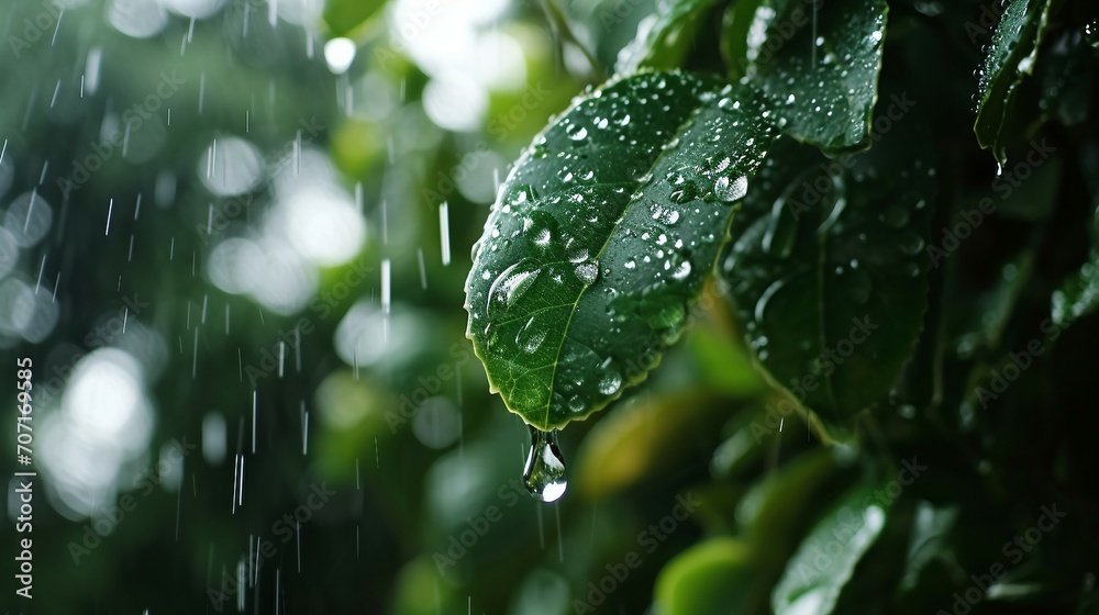 a leaf in the rain with water droplets, natural environment concept a leaf in the rain with water droplets, natural environment concept