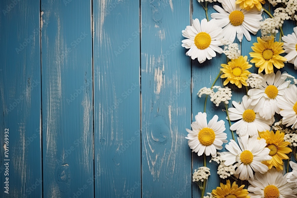 Obraz premium camomile and magold flowers over blue background