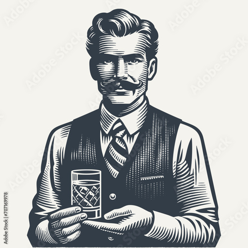 Nicely groomed gentleman in a vest holding a glass of drink. Black and white vintage woodcut style vector illustration.