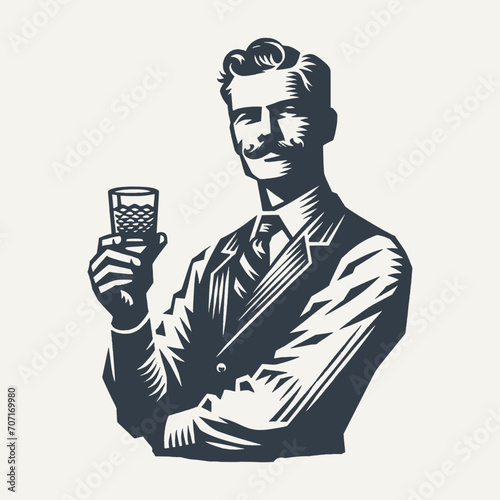 Nicely groomed gentleman in a vest holding a glass of drink. Black and white vintage woodcut style vector illustration.