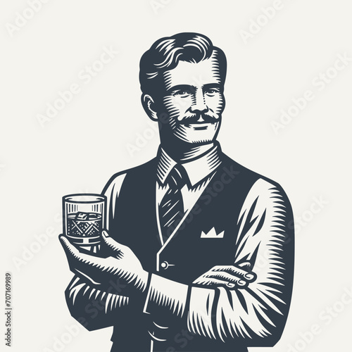 Nicely groomed gentleman in a vest holding a whisky glass. Black and white vintage woodcut style vector illustration.