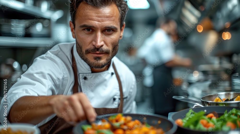 Confident chef preparing a dish in a restaurant kitchen, showcasing culinary skill and professionalism.