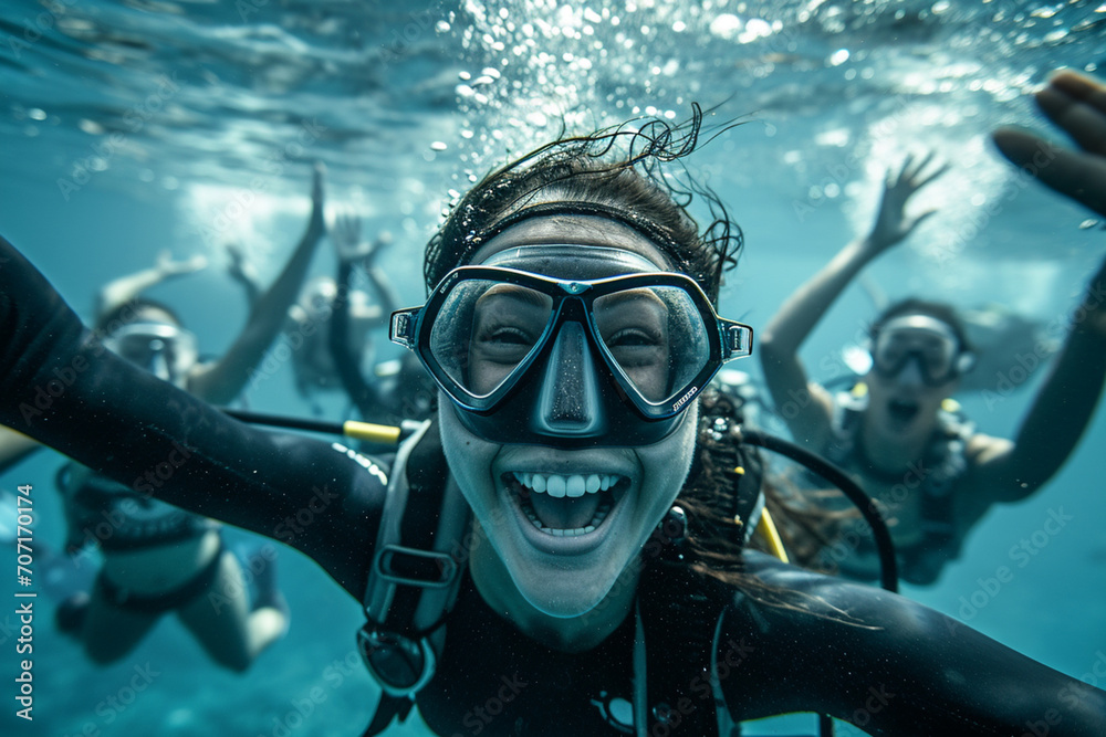 The jubilant reaction of a diver after a successful dive, surfacing with a smile and arms raised, with judges scoring in the background. - obrazy, fototapety, plakaty 