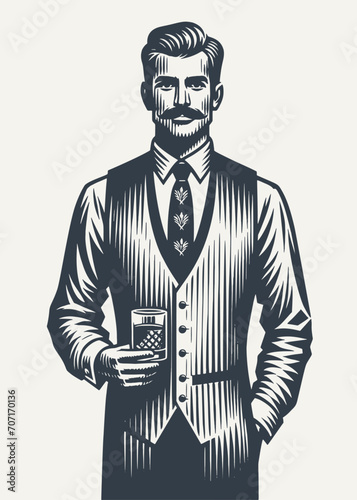 Nicely groomed gentleman in a vest holding a glass of drink. Black and white vintage woodcut style vector illustration.