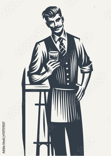 Nicely groomed bartender in a vest holding a glass of drink. Black and white vintage woodcut style vector illustration.