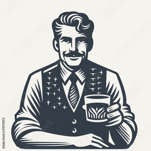 Nicely groomed gentleman in a vest holding a glass of drink. Black and white vintage woodcut style vector illustration.