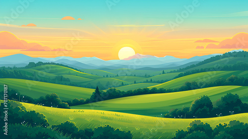 Beautiful Land space, Vector illustration of beautiful summer fields landscape with a dawn, green hills, bright color blue sky, country background in flat cartoon style banner, Generative Ai 