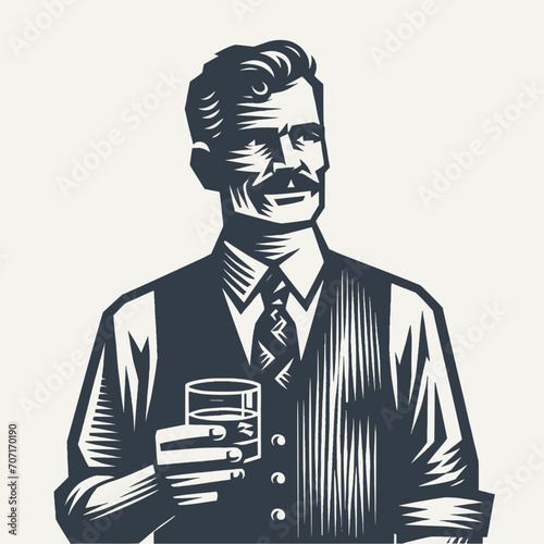 Nicely groomed gentleman in a vest holding a glass of drink. Black and white vintage woodcut style vector illustration.
