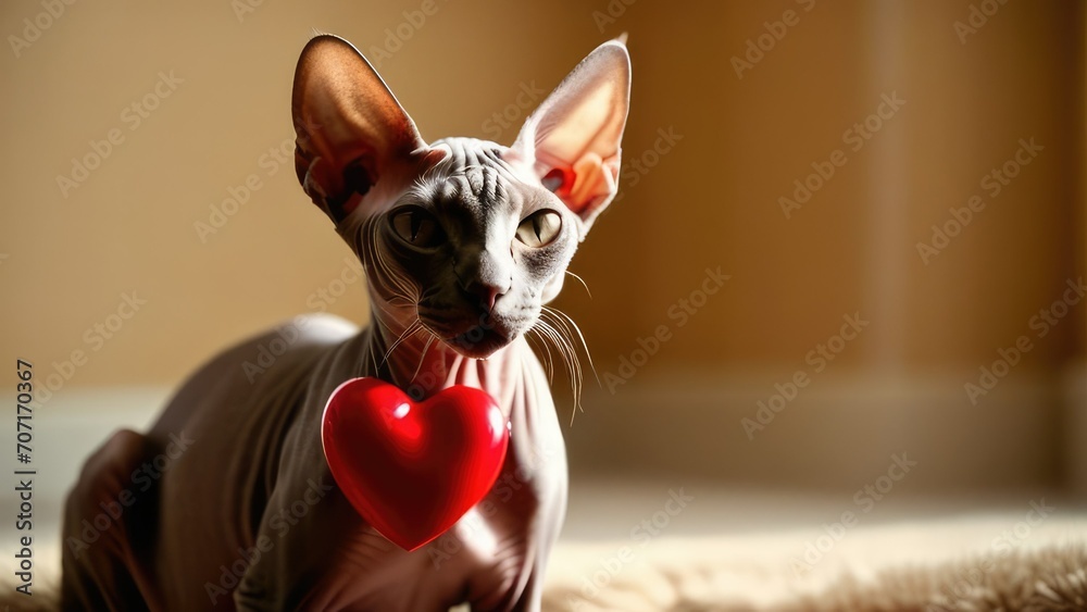 Gray hairless Sphynx cat on the sofa with a red heart. Valentine's Day. Holiday