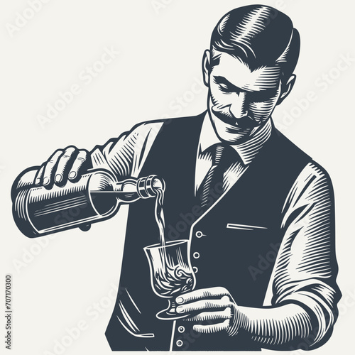 Nicely groomed bartender in a vest pouring a drink from a bottle to a glass. Black and white vintage woodcut style vector illustration. photo