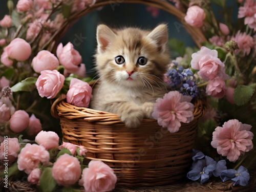 Striped kitten sitting in a wicker basket with spring flowers around