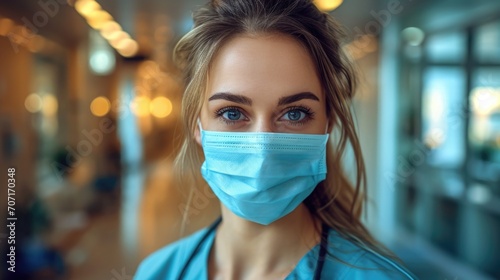 Compassionate female healthcare worker in hospital, representing frontline medical dedication.