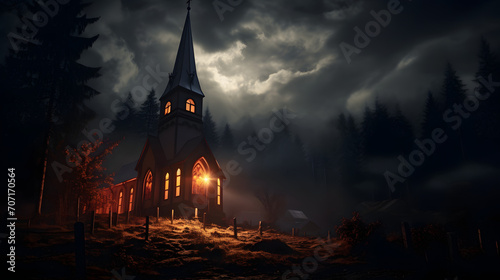 Ominöse Kirche im Wald bei Nacht photo