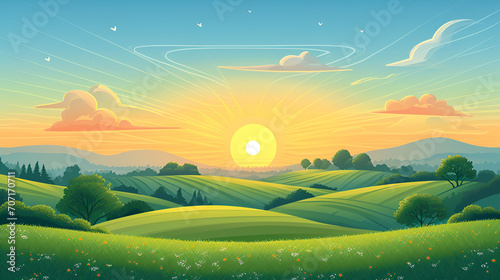 Beautiful Land space  Vector illustration of beautiful summer fields landscape with a dawn  green hills  bright color blue sky  country background in flat cartoon style banner  Generative Ai 