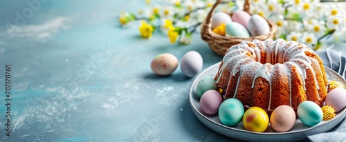 Easter cake and colored eggs with pussy willow on a blue background, with copy space, banner photo
