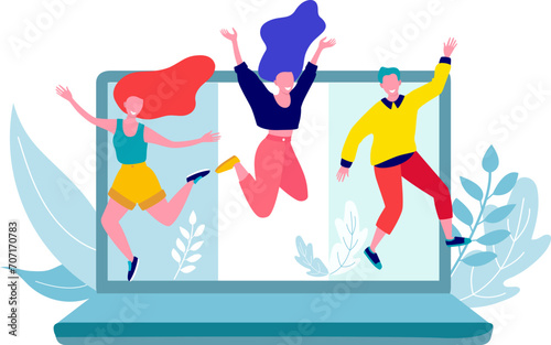 Young adults jumping out of laptop screen with joy. Cheerful virtual meeting celebration. Digital friendship and online community happiness vector illustration.