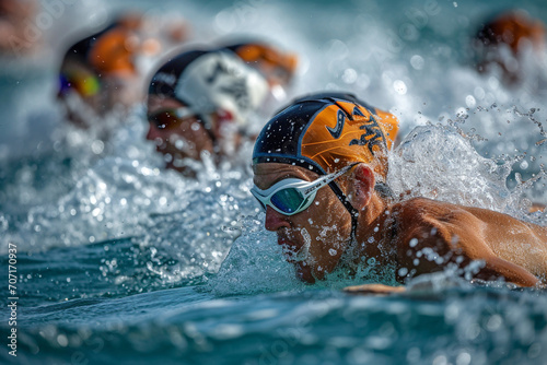Swimmers in a tightly-packed group at the beginning of an open-water race, with the tension of the competition palpable. 