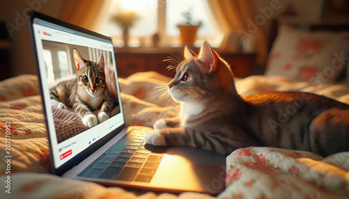 Katze betrachtet Bild einer Katze auf Laptop-Bildschirm photo