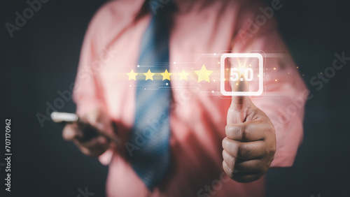 Customer Experience Concept, Best Excellent Services Rating for Satisfaction present by Hand of Client Showing excellent rating Five Star. Review, feedback, good, the best of product and service
