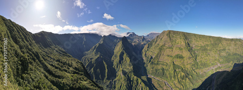 The Cap Noir Belvedere and Roche Verre Bouteille, aerial view by drone of the Cirque de Mafate, Reunion Island photo