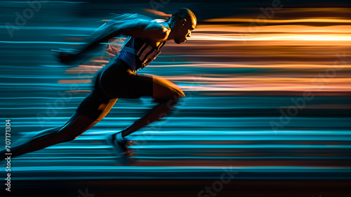 Dynamic illuminated action portrait, sprinter mid-stride, LED panels casting dynamic shadows