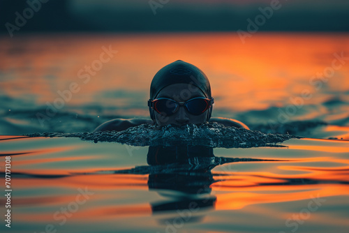 A swimmer in the serene early morning light, the water calm around them, illustrating the solitude of marathon swimming. © HADAPI