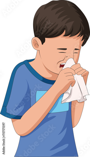 Boy sneezing and wiping off his nose with a handkerchief