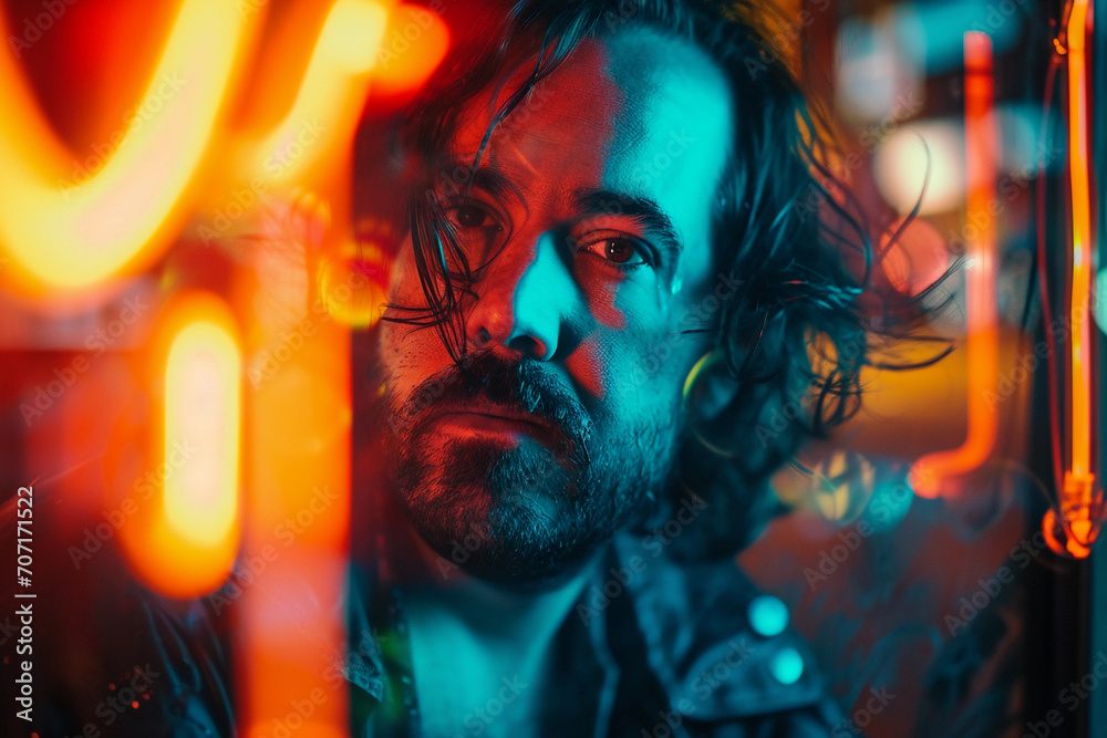 Intense illuminated portrait of a musician, face partially lit by neon lights