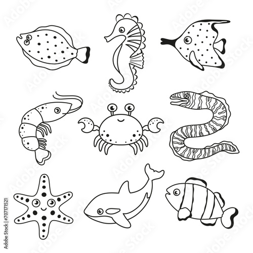 outline sea animals  cute cartoon characters set  ocean fishes  crab  shrimp  killer whale  moray eel and starfish isolated on white