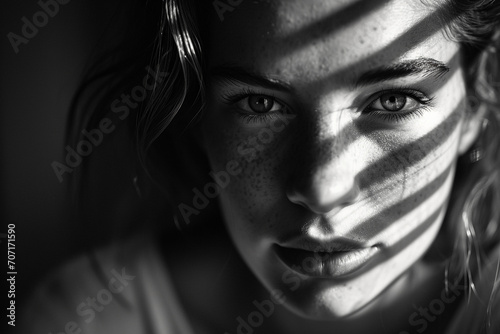 portrait with shadows playing across the face, highlighting an enigmatic smile