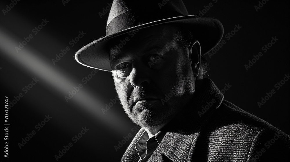 Noir-style illuminated portrait, detective theme, sharp fedora shadows over eyes Noir-style illuminated portrait, detective theme, sharp fedora shadows over eyes