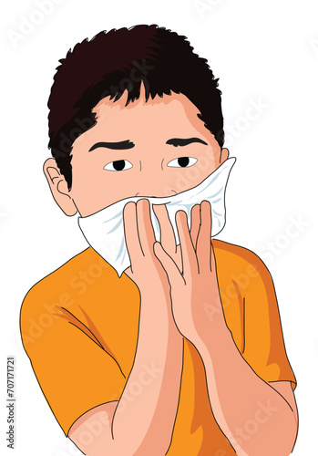 Cute boy putting his handkerchief on his mouth to prevent coughing
