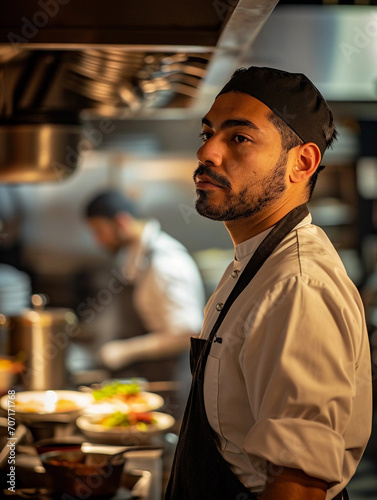 Profile portrait of a chef  kitchen action in the background  focused expression