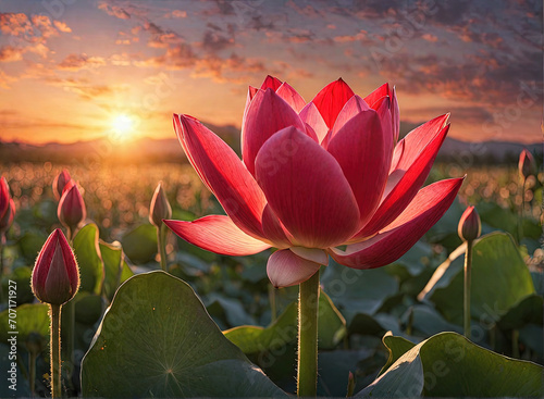 Red waterlilly sprout with buds to bloom in a field at sunset photo