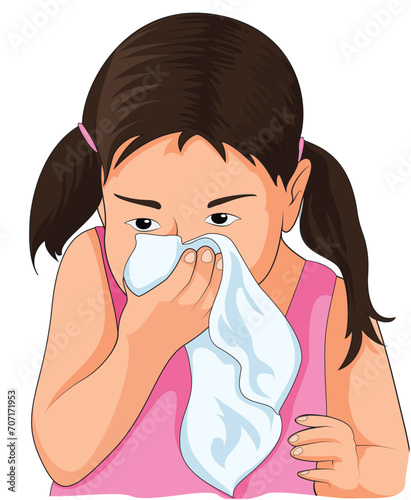 Cute girl wiping her nose with a handkerchief