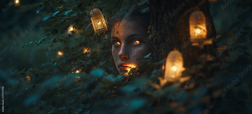 Surreal illuminated portrait in a forest at twilight, face emerging from darkness, mystical ambiance Surreal illuminated portrait in a forest at twilight, face emerging from darkness, mystical ambiance