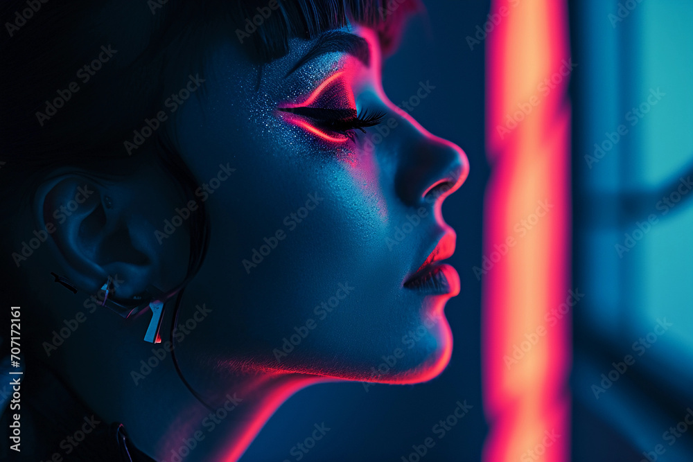 Surreal profile portrait of a cyberpunk character, neon glow on skin, futuristic makeup