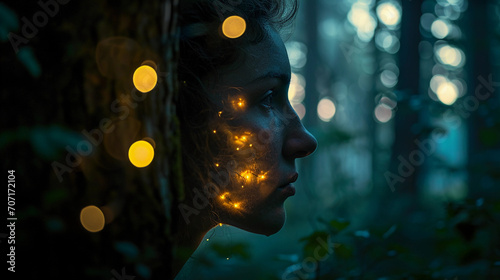 Surreal illuminated portrait in a forest at twilight, face emerging from darkness, mystical ambiance