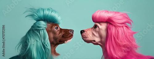 Two dogs with brightly colored hair looking at each other. photo