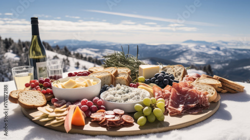 Traditional Italian food and drink outdoor in sunny winter day. Romantic alpine picnic in Dolomites with mountains background, Lambrusco cheese baguette and ham on snow. photo