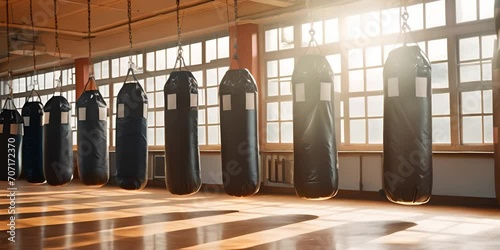 A row of punching bags in a floodlit gym, hanging on chains for training. photo