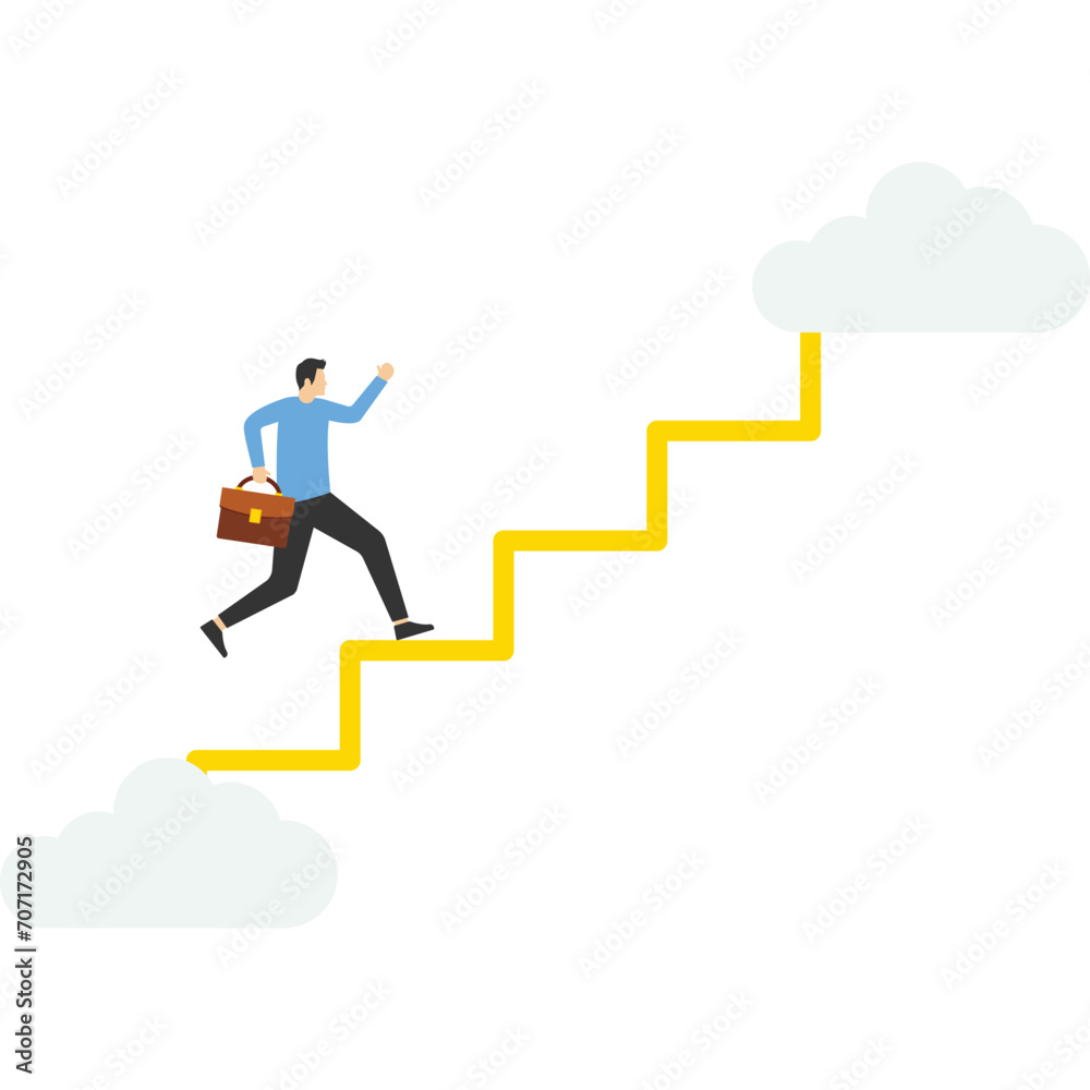 Happy businessmen running with a suitcase on top of stairs towards the sky. positive thinking to seek opportunities, inspiration for success, imagination, and creativity to build hope and a bright fut