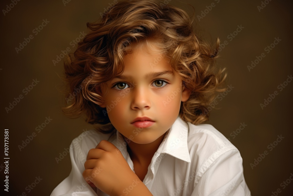 Portrait of a cute little boy with curly hair and a white shirt.