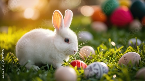 cute tiny white rabbit sitting surrounded by eggs on bright green grass, symbol of Easter © Е К