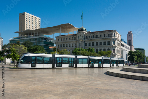 Mauá Square, Rio de Janeiro, Brazil. Modern tram passing through Mauá square. 