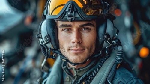 Confident fighter pilot beside his aircraft, embodying air force expertise and courage. photo