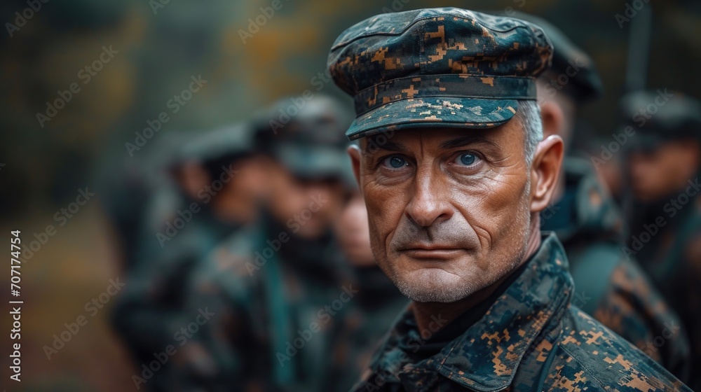 Commanding military drill instructor on a training field, representing discipline and leadership in training. Commanding military drill instructor on a training field, representing discipline and leadership in training.