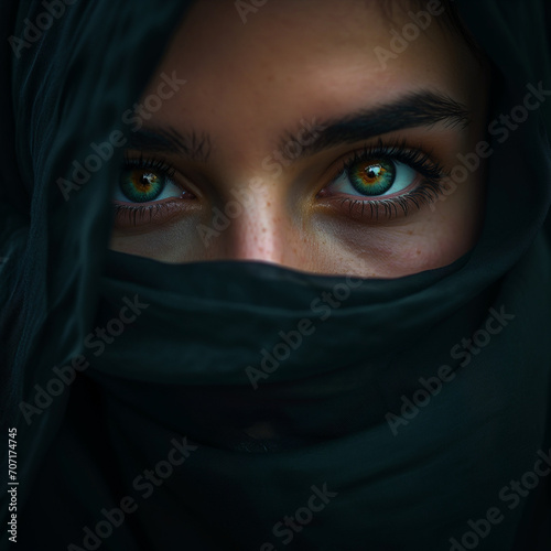 Close-Up of a beautiful Muslim Woman Wearing a Hijab, Embodying Femininity and Tradition in Islam