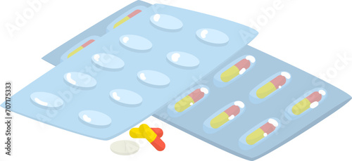 Isometric medication blister packs with pills and capsules. Health care, prescription drugs and pharmaceuticals vector illustration.